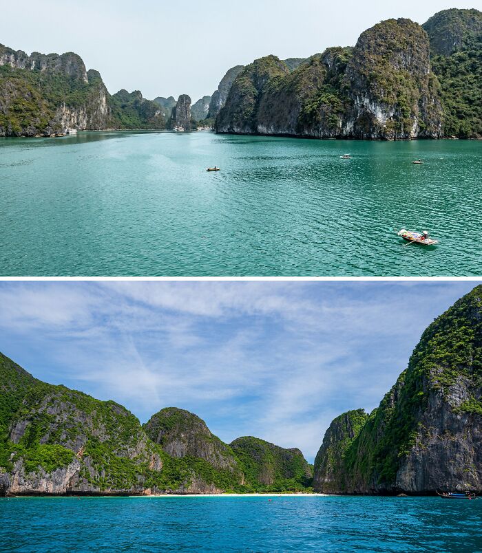 Scenic places with similar landscapes: towering limestone cliffs over turquoise waters in two distinct locations.