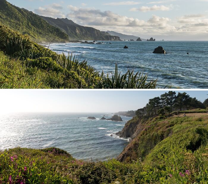 Scenic places with rocky coastlines and greenery, resembling yet distinct, located in different parts of the world.