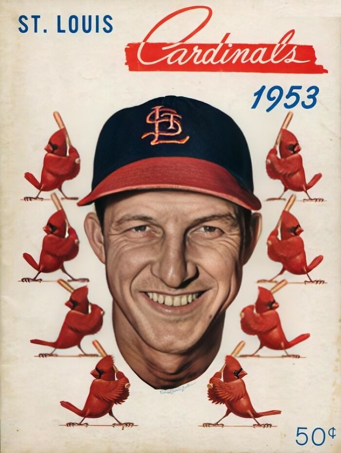 A 1953 St. Louis Cardinals magazine cover featuring a player's portrait surrounded by cardinals, priced at 50 cents.