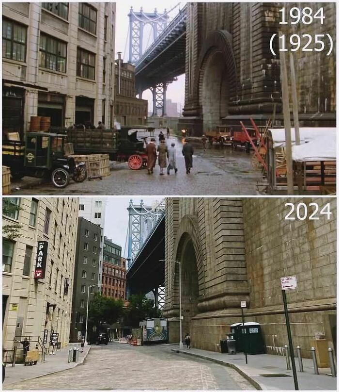 Historic photo of Manhattan Bridge in 1925 vs. modern 2024, showing urban evolution under the same bridge view.