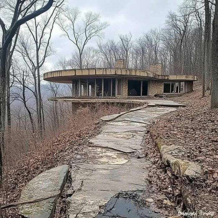Old photo of a unique, round house on a forested hilltop, showcasing historical architecture enthusiasts admire.