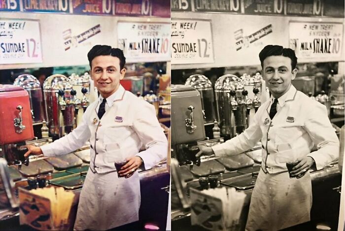 A soda jerk in vintage attire serves a drink at an old-fashioned soda fountain, showcasing historical charm.