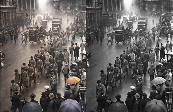 Historical photo of a busy street scene, showing a crowd with umbrellas, in both color and black-and-white.