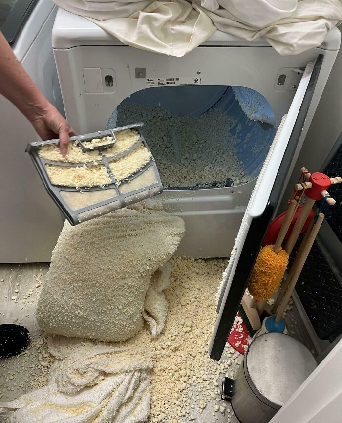 Laundry machine mishap: dryer spilling wet pulp, showing a household inconvenience.