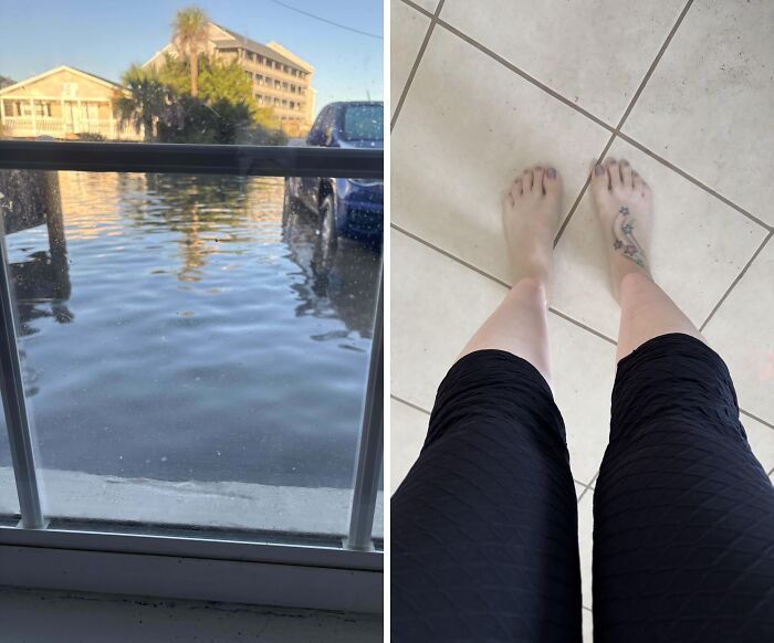 Flooded street view from a window; person standing indoors on tiled floor, illustrating a horrible day scenario.