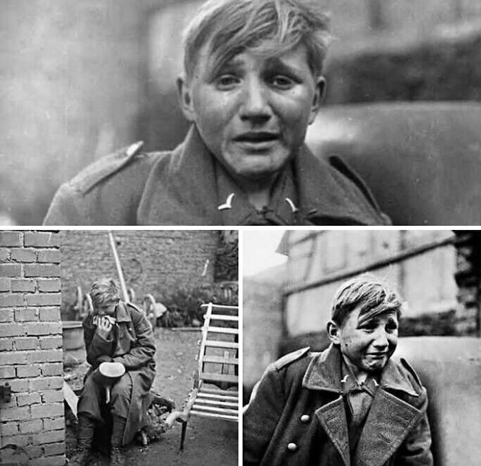 Young boy in military clothing during wartime, captured in historical photos shared by enthusiasts online.