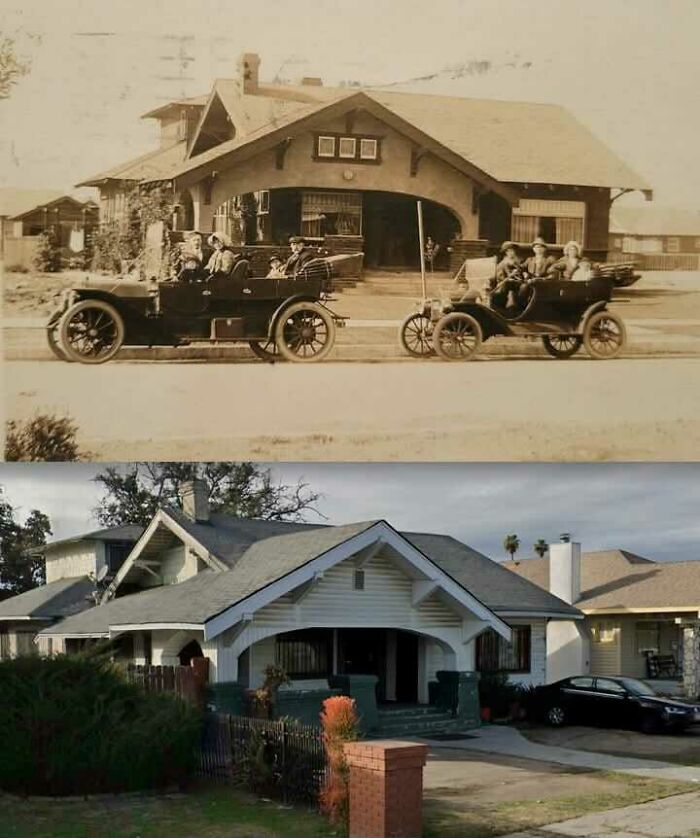 Historic comparison of the same house and street with vintage cars, showcasing fascinating old photos for history enthusiasts.