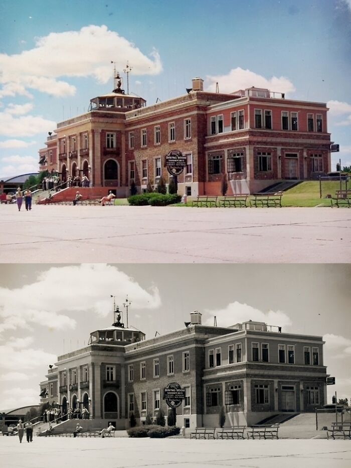 Historic building in color and black-and-white, showcasing architectural changes over time for history enthusiasts.