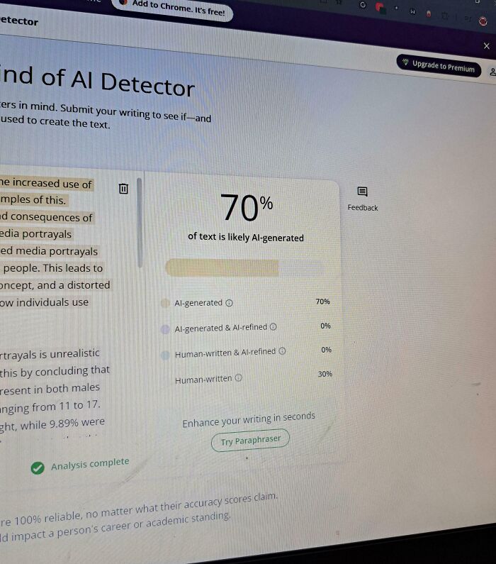 AI detection tool indicating 70% of the text is AI-generated, highlighting people having a horrible day with unexpected results.