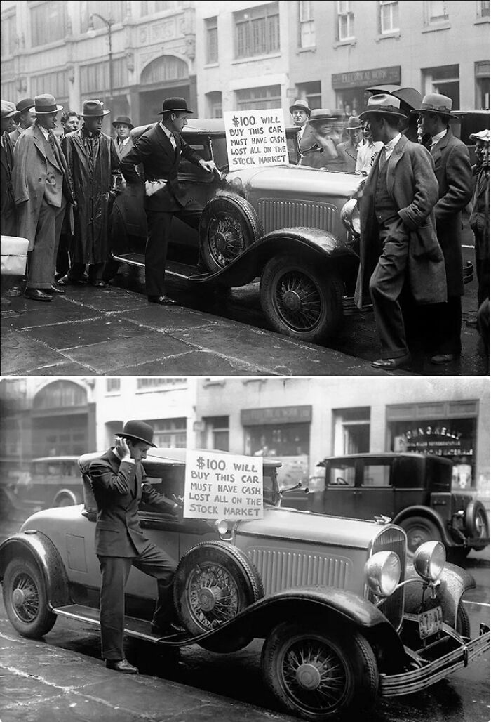 Depression-era photo showing a man selling his car for $100, symbolizing stock market crash hardships.