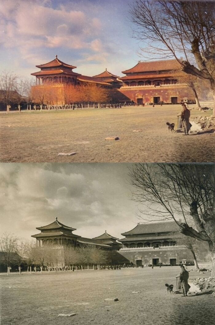 Old photos show a historical Chinese building in color and black-and-white, with a man and dog in the foreground.
