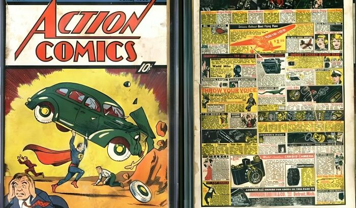 Superman lifts a car on an Action Comics vintage cover, a captivating old photo for history enthusiasts.