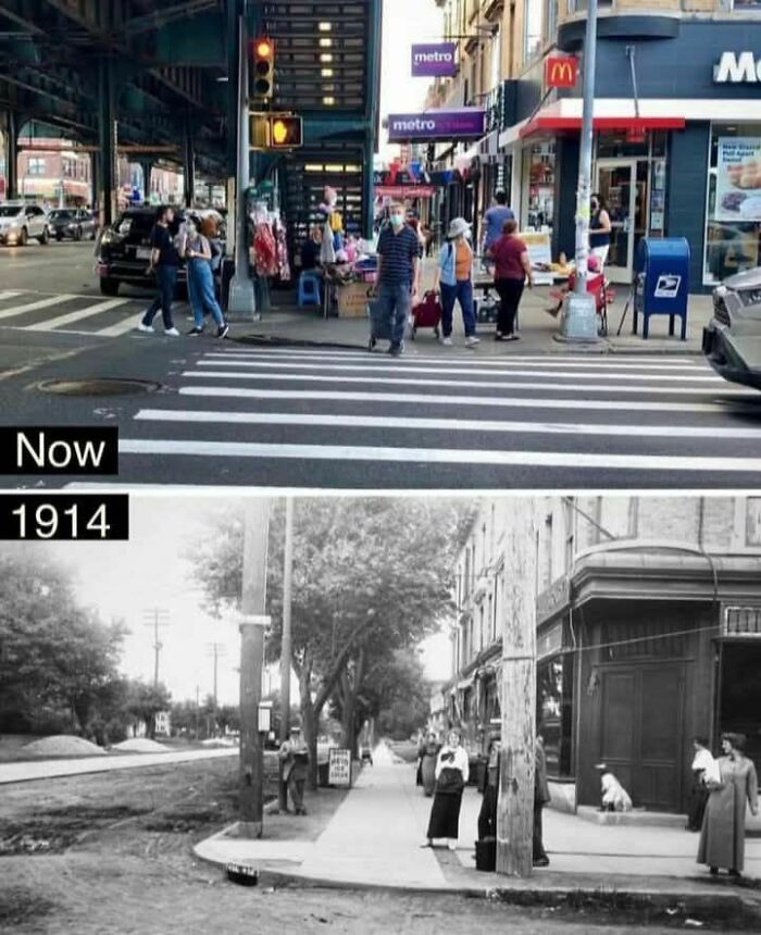 Modern and 1914 street scenes compared, showcasing fascinating differences for history enthusiasts.