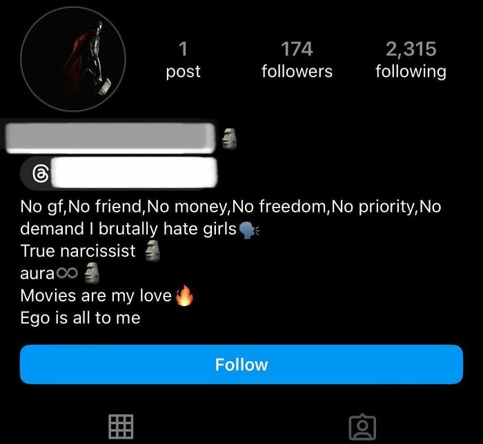 Social media profile showcasing 174 followers and a dramatic bio reflecting cringe-worthy behavior and personal views.