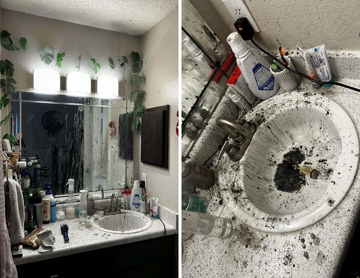 Lavabo sucio con cenizas y muebles desordenados, reflejando a personas que seguramente estén teniendo un mal día.