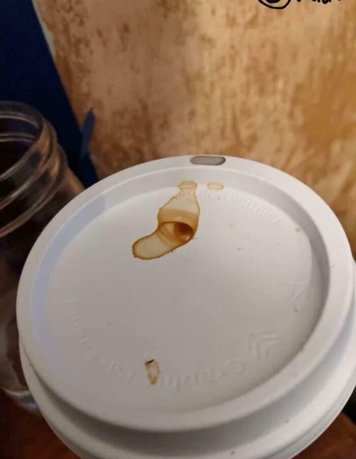 Coffee spill on a cup lid resembles art, creating an accidental Renaissance painting effect.