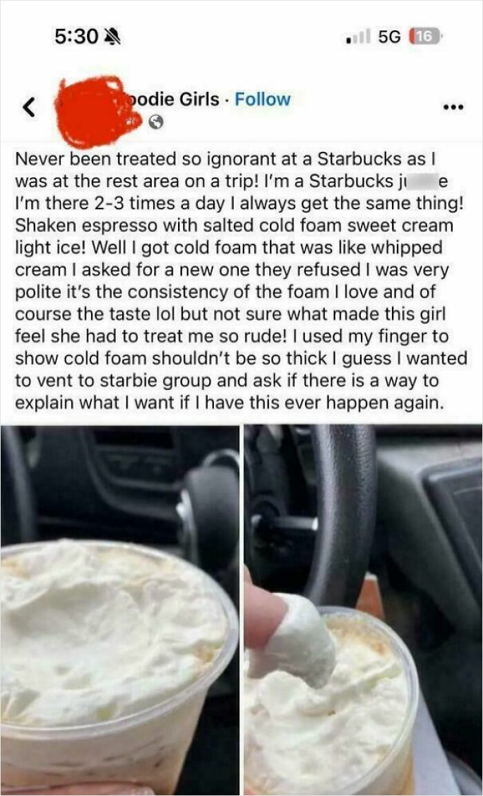 Starbucks customer frustrated over thick cold foam on their coffee in a cupholder.