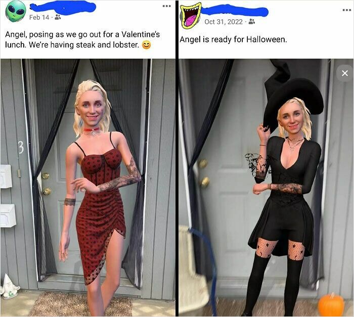 Two digital images of a person posing in different outfits for Valentine's and Halloween, showcasing cringe behavior.