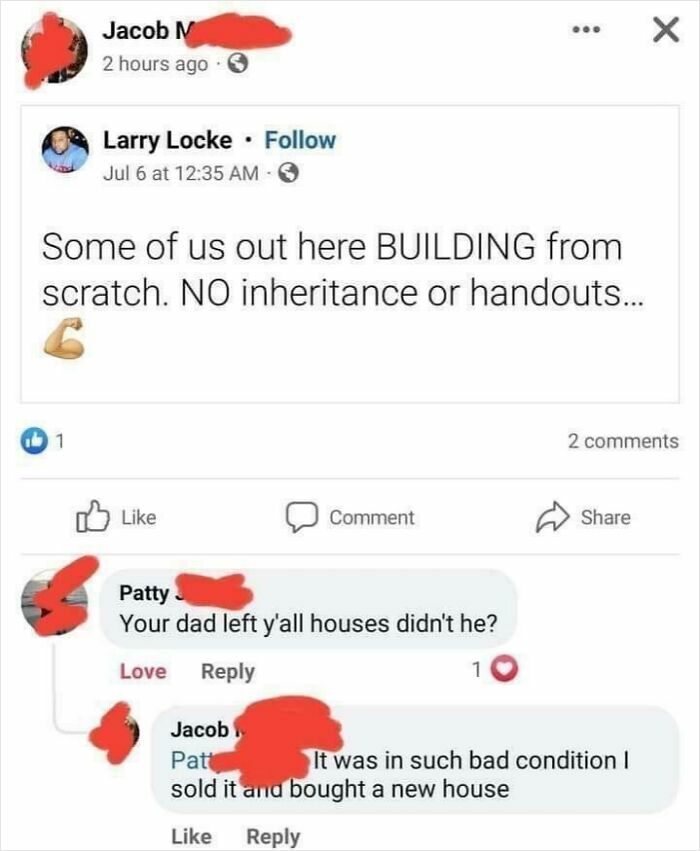Social media exchange highlighting cringe behavior about inheritance and building from scratch.