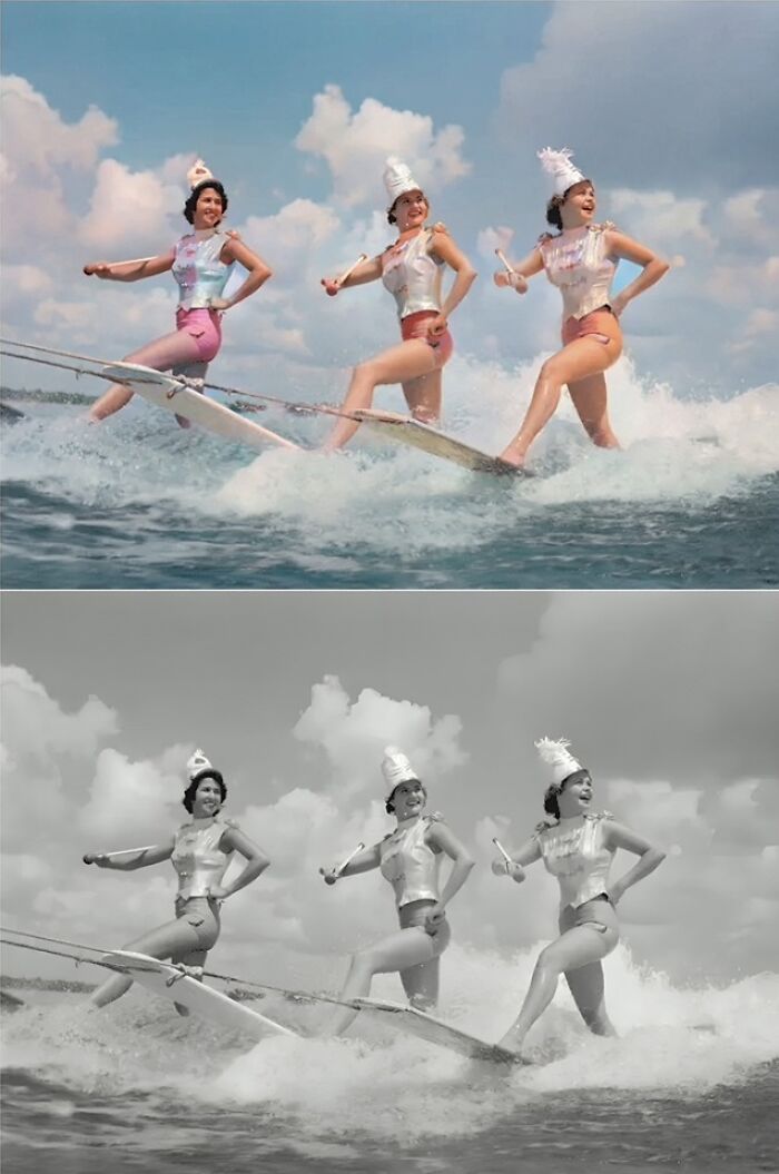 Three women water skiing in vintage costumes, showcasing old photos popular with history enthusiasts.