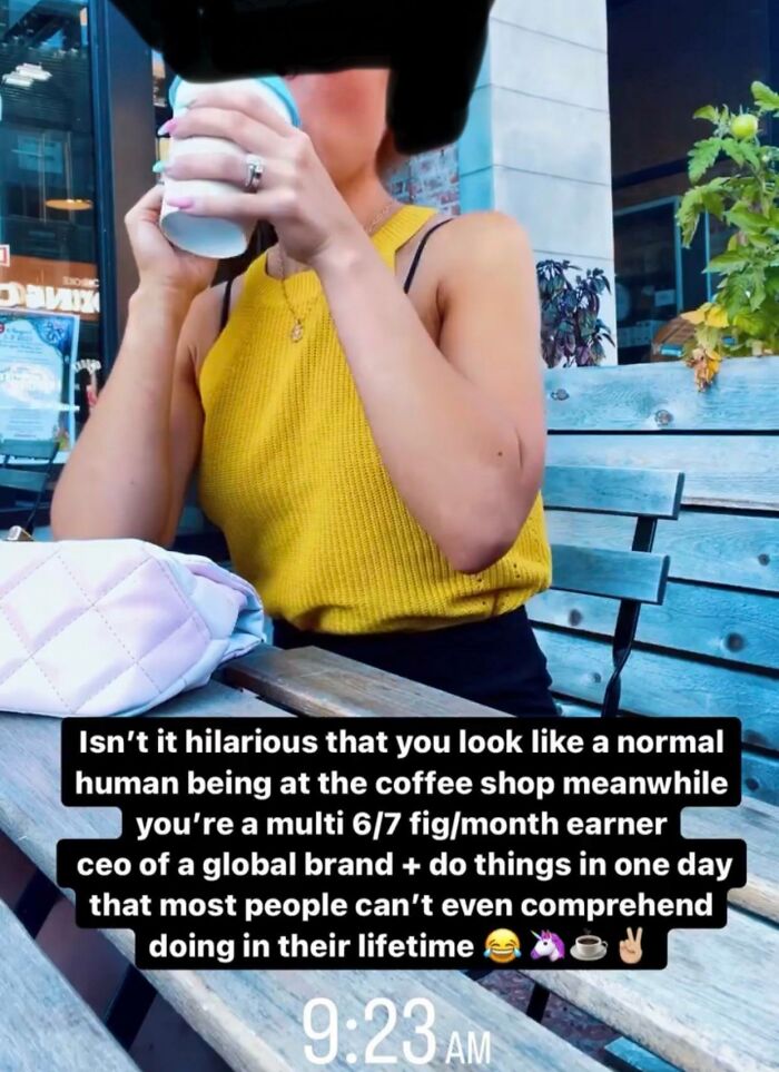 Person in a yellow top at a coffee shop, with text overlay about their impressive achievements and daily routine.