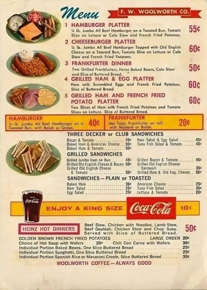 Vintage Woolworth menu with hamburger platter and Coca-Cola for 55 cents, showcasing historical dining prices and offerings.