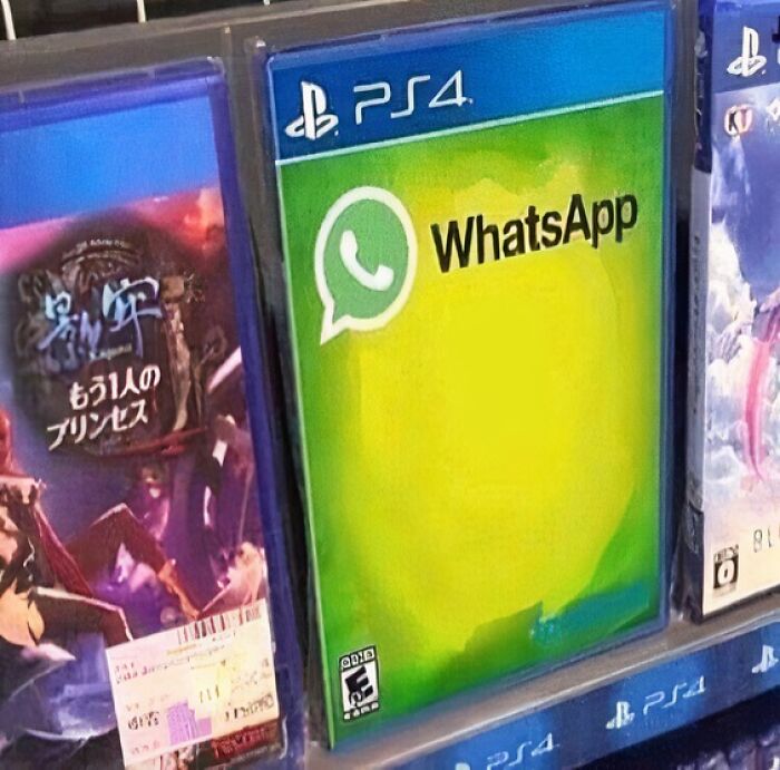 PS4 game case titled 'WhatsApp' as a humorous post from an IG page.