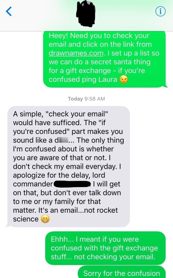 Texts discussing a Secret Santa gift exchange and email confusion, highlighting cringe-worthy communication.