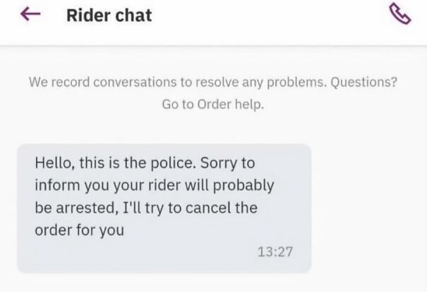 Rider chat screenshot with humorous text involving police and food delivery, showcasing Scots' humor.