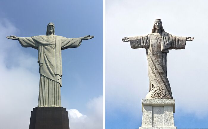 Two identical scenic statues of Christ with outstretched arms in different parts of the world.