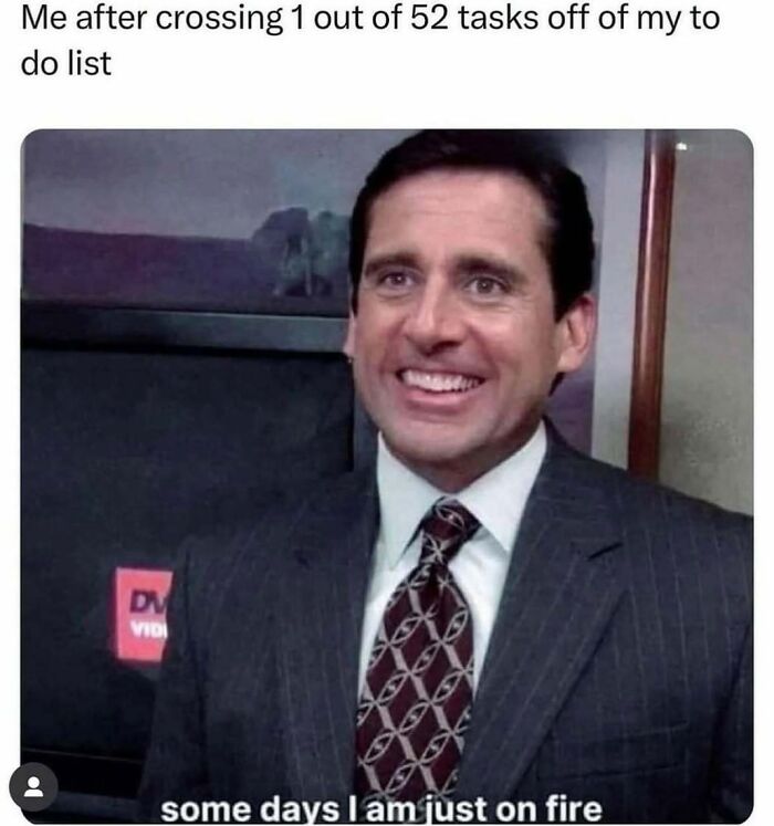 Man in a suit smiling, representing "The Office" memes humor with a caption about completing a to-do list task.