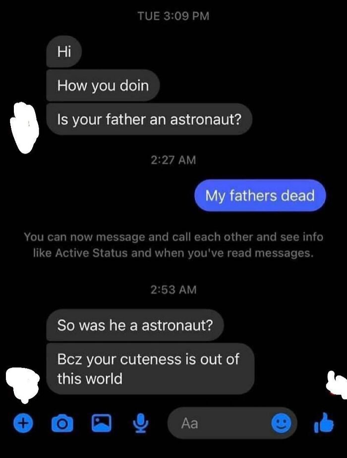 Chat exchange shows embarrassing behavior with awkward astronaut pick-up line.
