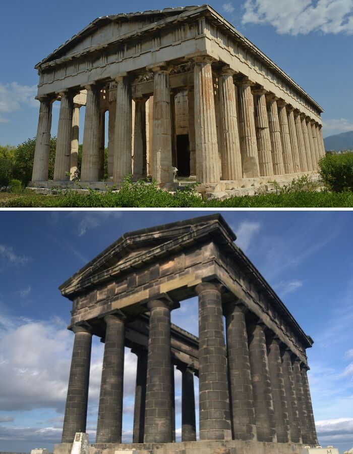 Two identical ancient temples with columns, showcasing scenic architecture from different parts of the world.