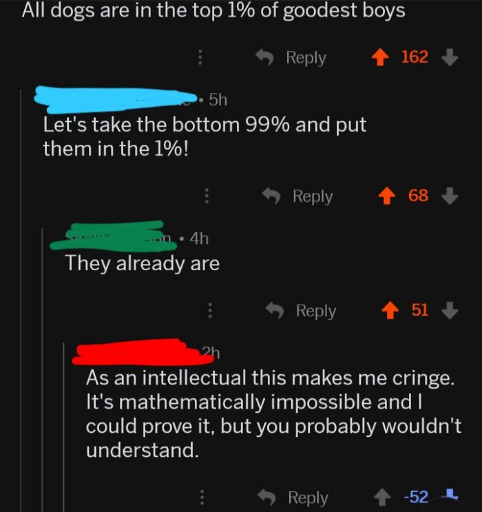 Cringe-worthy comment thread about mathematical logic and dogs, highlighting embarrassing behavior.