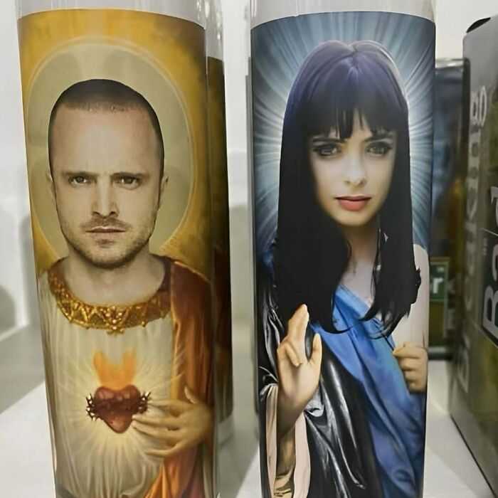 Candles with humorous saint-like images from popular media figures, showcasing unique IG page posts.