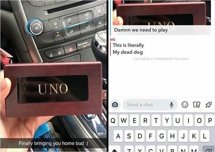 Person holding a box labeled "UNO" with a text exchange revealing an embarrassing mistake about a cremation urn.