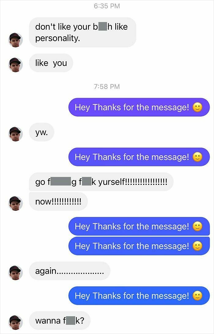 Cringe message exchange with repetitive replies and escalating tone.