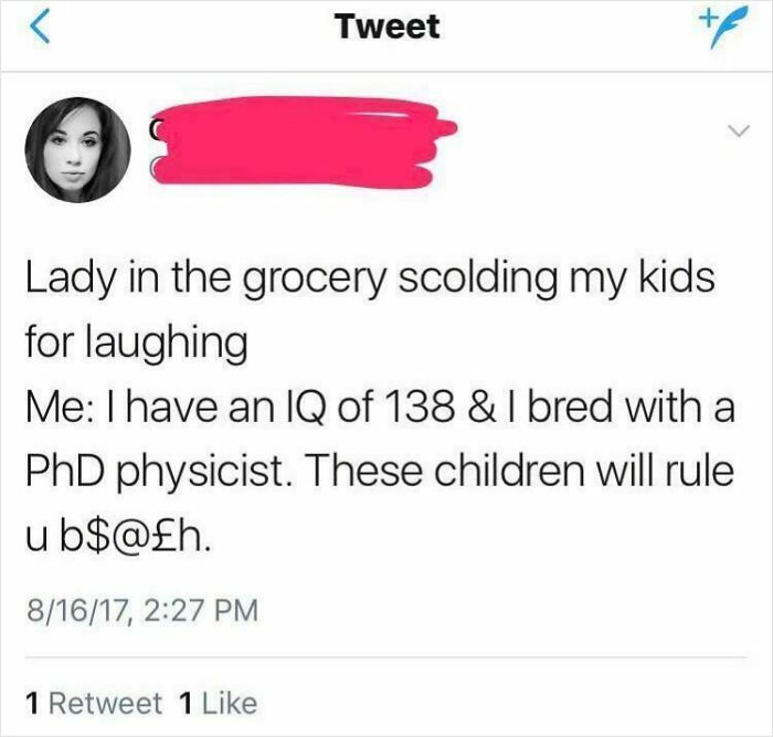 A tweet showcasing embarrassing behavior in a grocery store exchange about children's future success.