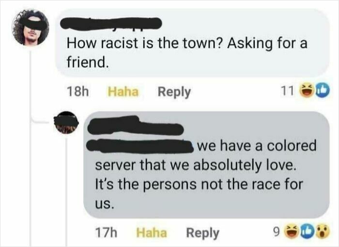 Social media exchange highlighting cringe-inducing behavior with embarrassing comments on race.