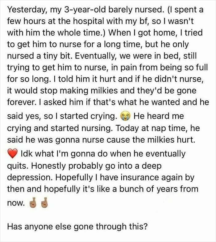 Text exchange about a 3-year-old's nursing behavior, highlighting emotional and physical challenges in parenting.