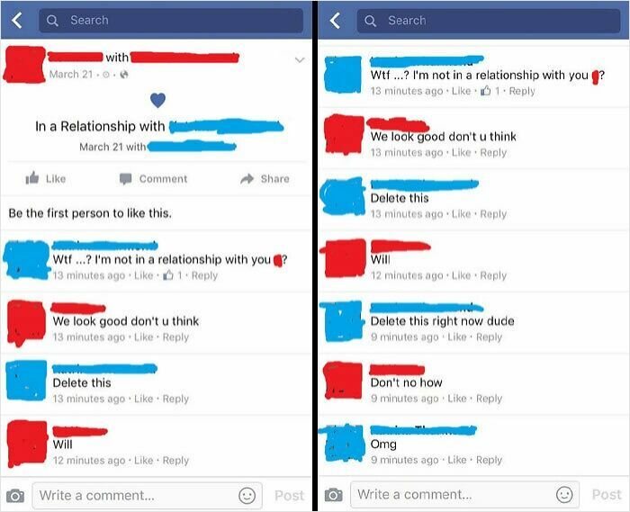 Social media cringe moment with awkward relationship status confusion and reactions.