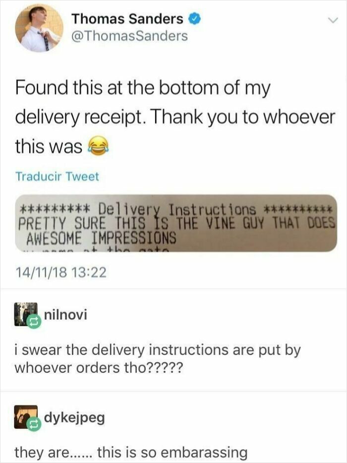 Cringe moment: delivery instructions mistakenly include personal comments about a Vine personality.