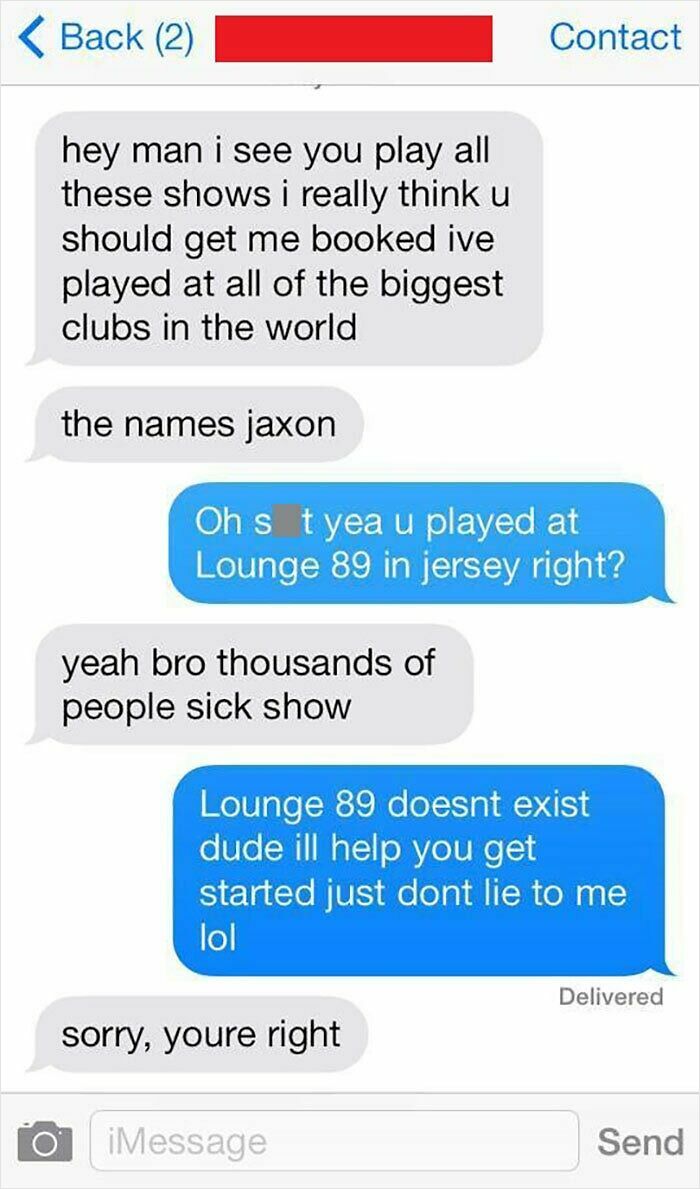 Text exchange showcasing embarrassing cringe behavior with a failed claim about playing at a nonexistent venue.