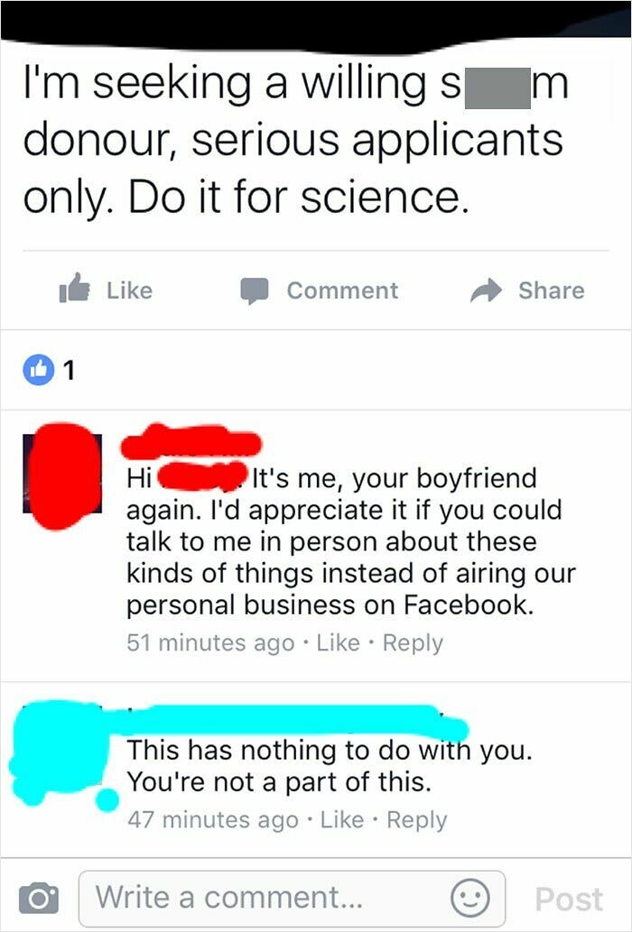 Social media post with cringe-worthy comments about a personal matter.