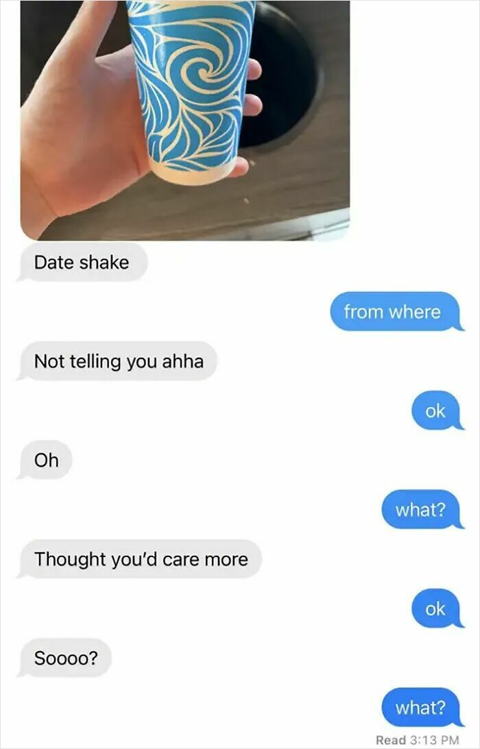 Text exchange about a date shake, highlighting embarrassing behavior and miscommunication.