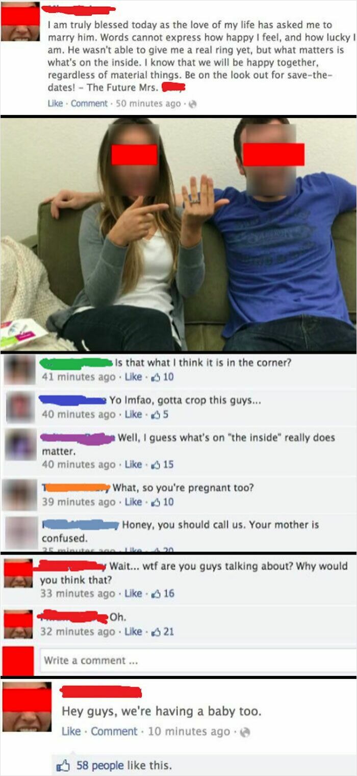 Couple shares engagement on Facebook; comments reveal an overlooked pregnancy test, leading to an embarrassing cringe moment.