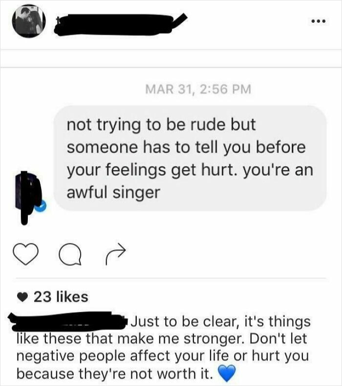 Screenshot of a cringe-worthy comment exchange about singing abilities on social media.