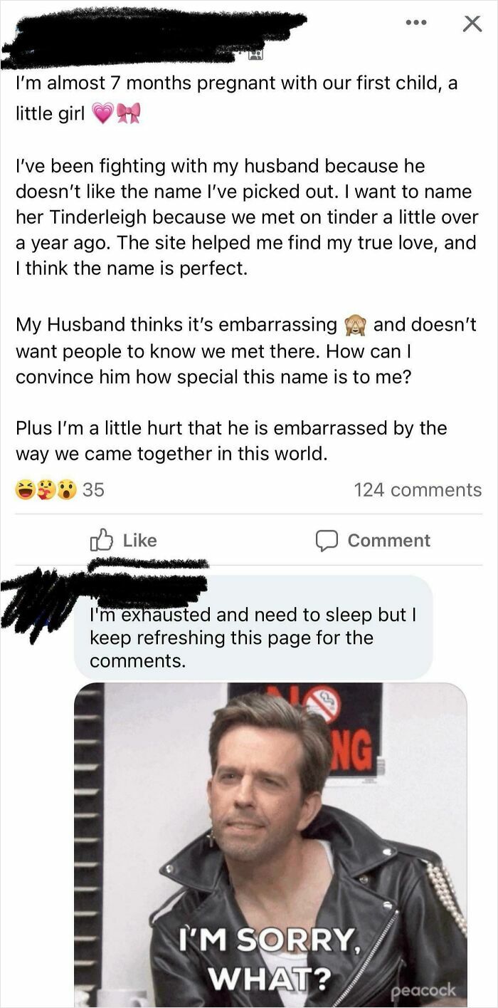 Pregnant woman discusses naming baby Tinderleigh; husband finds it cringe. Viewer refreshes comments, reacting with disbelief.