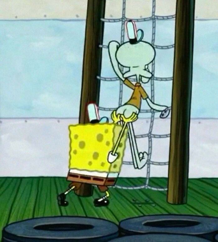 SpongeBob carrying Squidward in a humorous moment from the hardest IG posts collection.