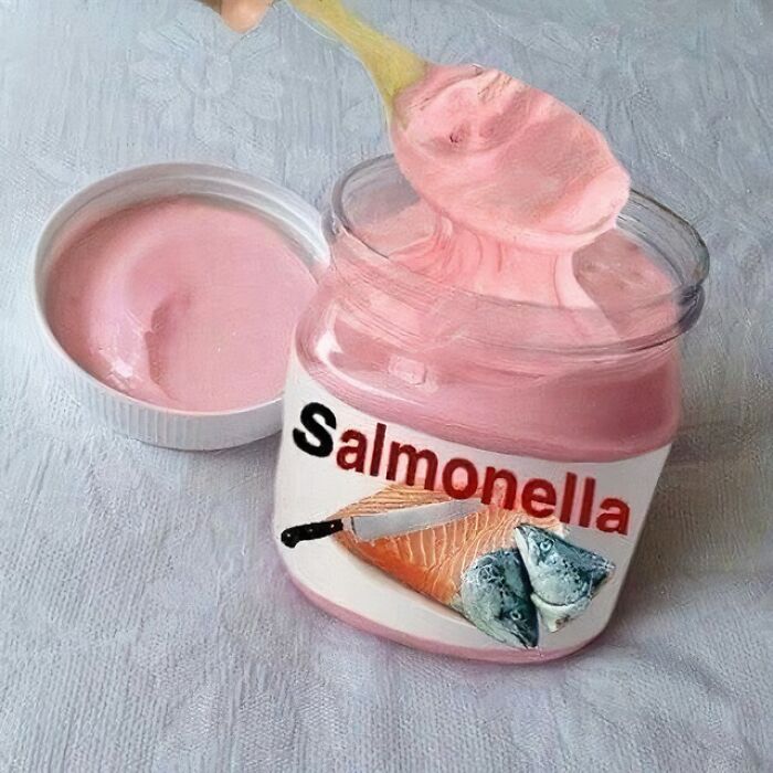 Jar labeled "Salmonella" with pink spread, featuring images of salmon and fish, humorous IG post.